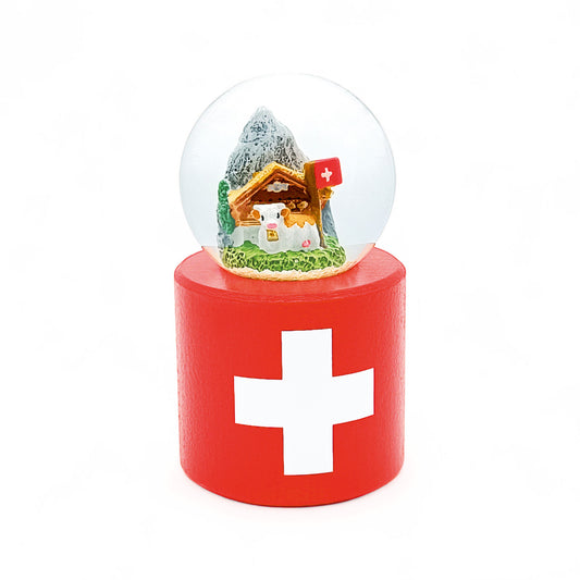 Schneekugeln Rund - Swiss Souvenirs-Souvenir-Atelier Passage-Chalet-Rot mit Schweizer Kreuz-swiss made
