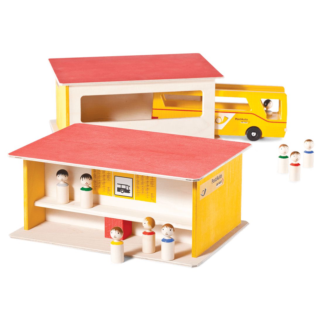 Haltestelle mit Garage-Fahrzeuge und Verkehr-Atelier Passage-Holzspielzeuge-swiss made