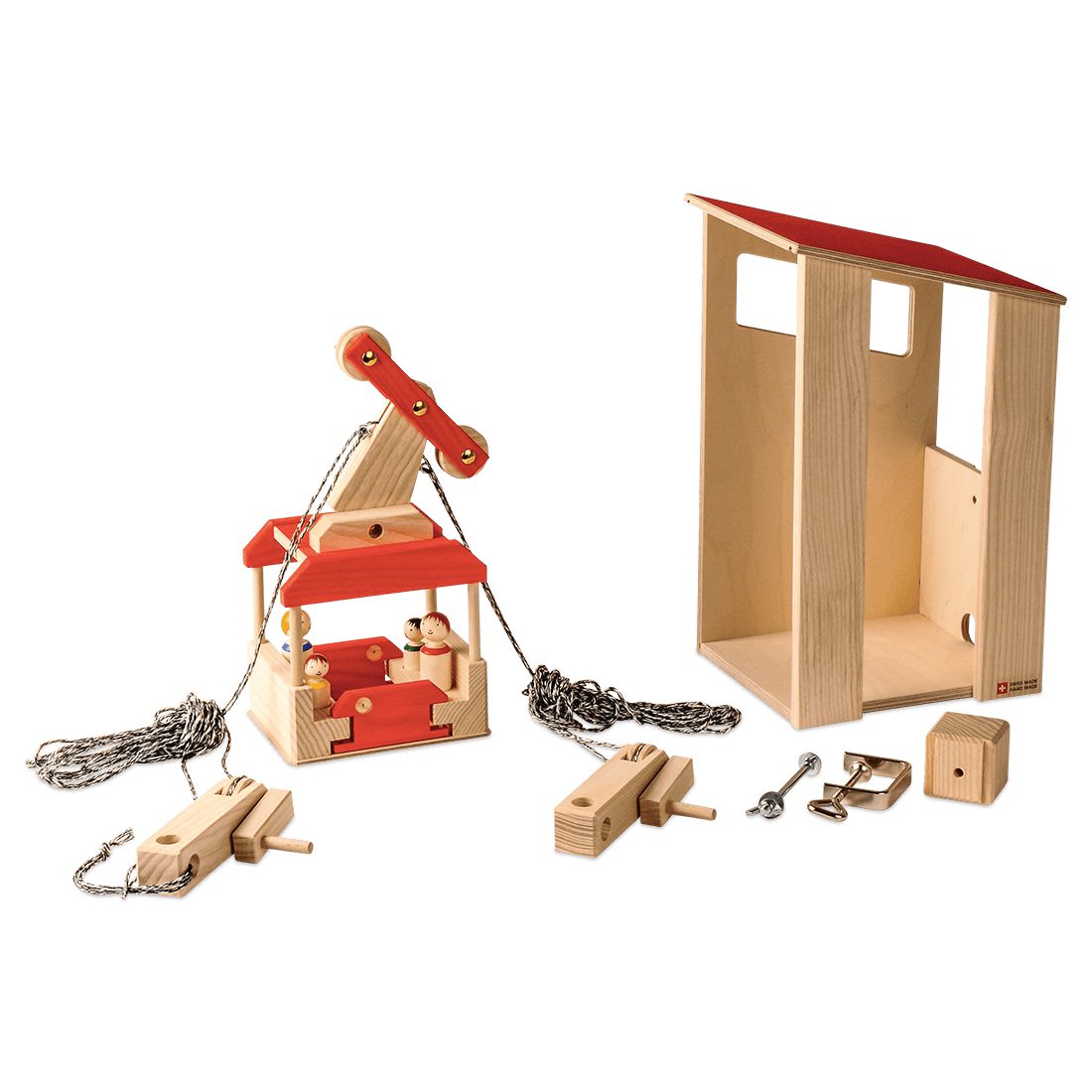 Seilbahnset mit Station-Fahrzeuge und Verkehr-Atelier Passage-Holzspielzeuge-swiss made