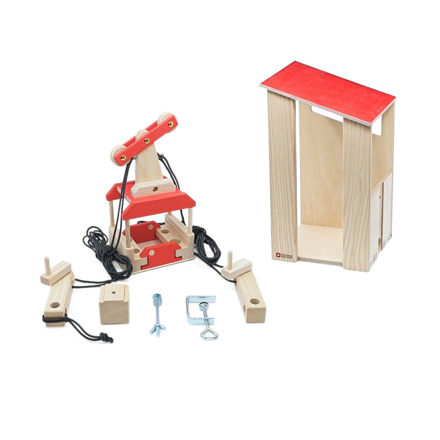 Seilbahnset mit Station-Fahrzeuge und Verkehr-Atelier Passage-Holzspielzeuge-swiss made